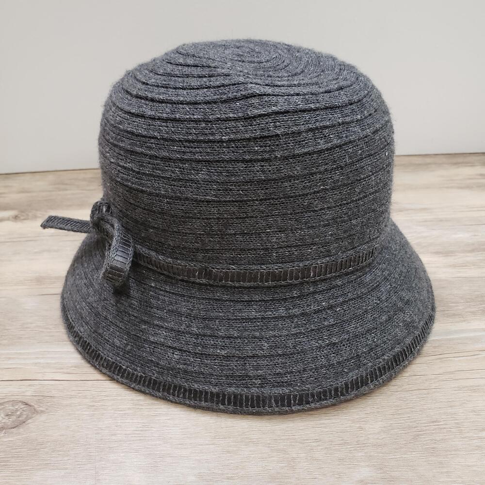 Preston & York Cloche Hat Cap Gray Knit Bow OS Womens Winter Angora Italy